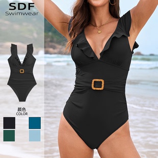2025新款深V领热辣欧美泳衣大码ins风连体保守遮肚女士泡温泉泳装
