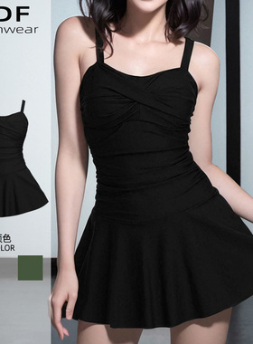 黑色大码小清新遮肚显瘦连体泳衣女泡温泉冬天裙式平角裤保守泳装