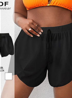 单件黑白大码泳裤女200斤胖mm高腰平角泳衣罩裤单独雪纺游泳短裤