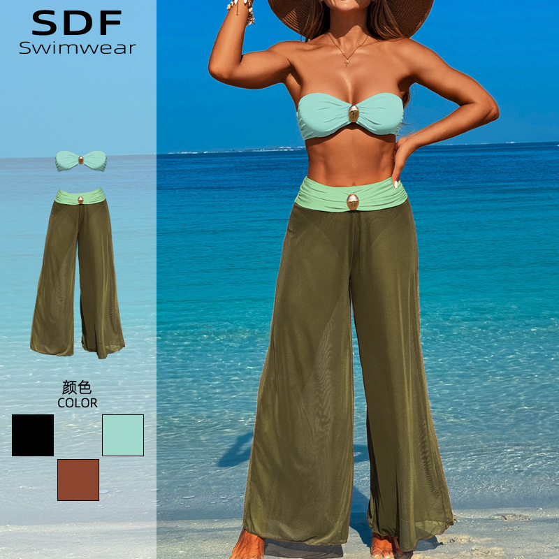 大码胖mm抹胸比基尼三件套带长裤