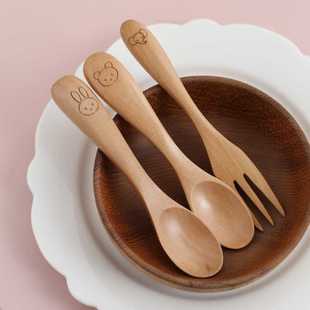 12cm宝宝勺叉木勺水果叉套装实木短柄勺子儿童吃饭辅食可爱餐具