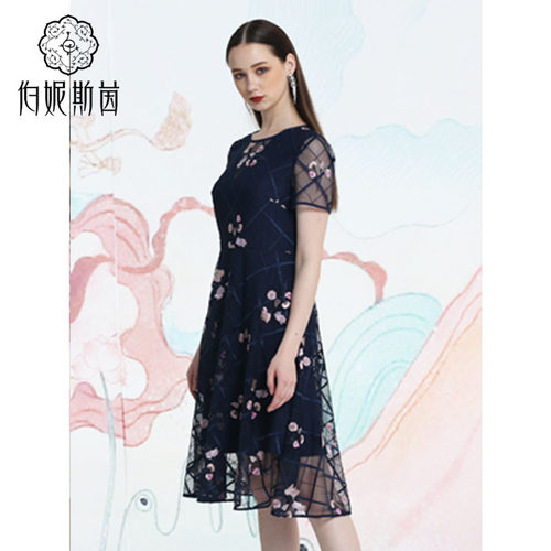 伯妮斯茵Bernieelen2021春季新品网布绣花连衣裙裙子中裙女1S6055