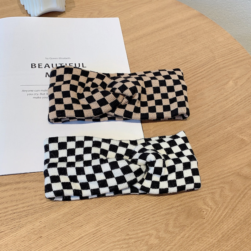 韩国黑白棋盘格子针织毛线发带春夏发箍复古港风法式交叉宽边头箍