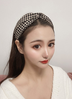 韩国简约百搭千鸟格交叉打结发箍女秋冬减龄洗脸宽边显脸小头箍