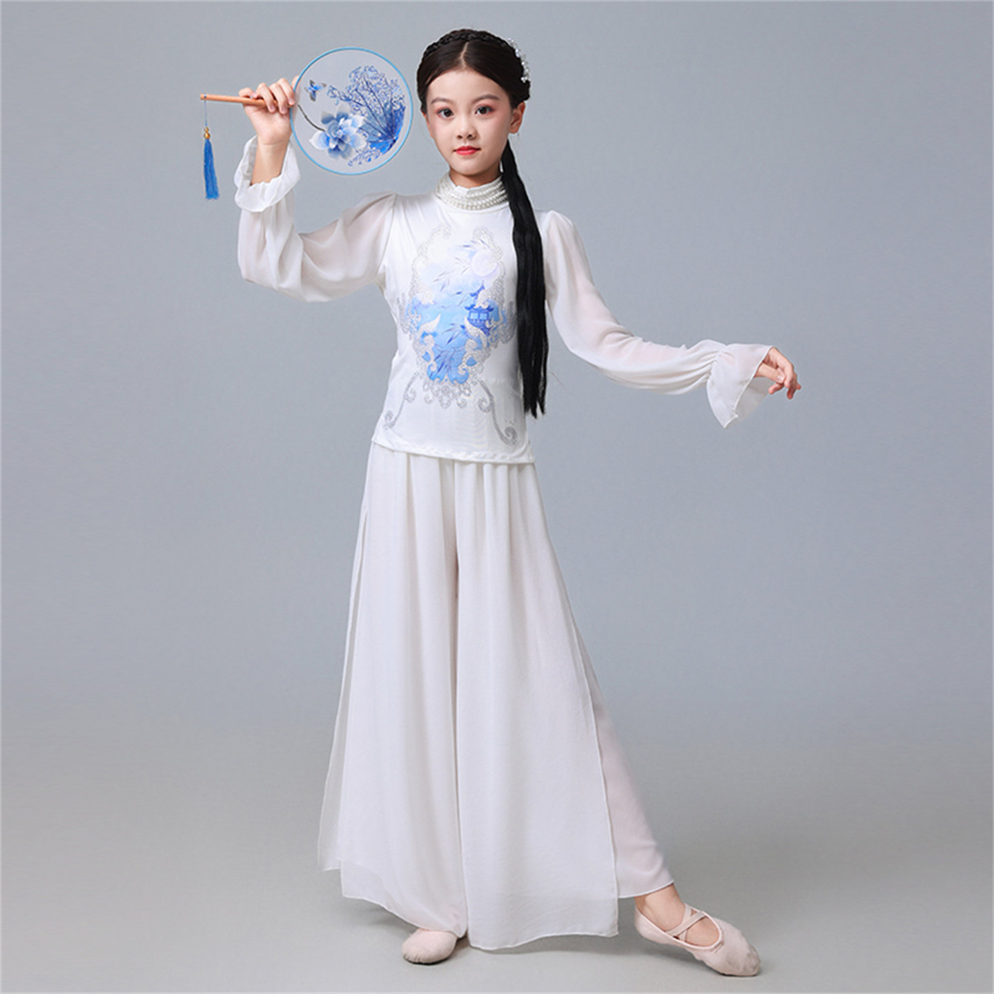 金晨同款青花瓷舞蹈服儿童中国风新中式扇子舞白色艺考古典舞套装