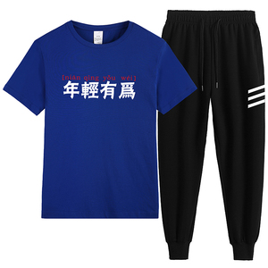 青少年班服T恤休闲运动两件套现货多数据好纯棉套装印花上衣-P60图片