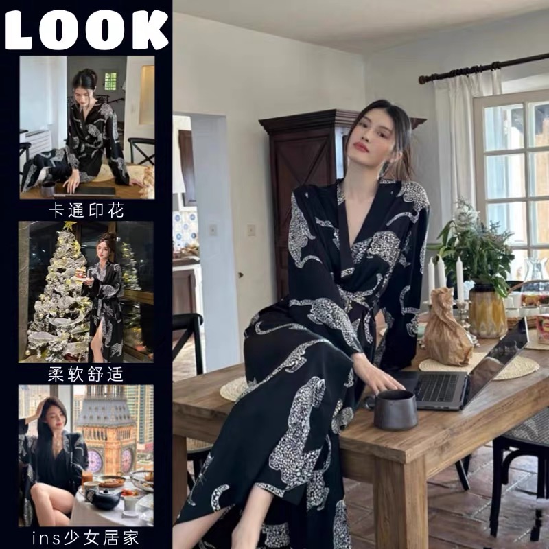 高级感豹子印花长袖睡衣女春秋夏季中长款睡袍浴袍晨袍可外穿睡裙