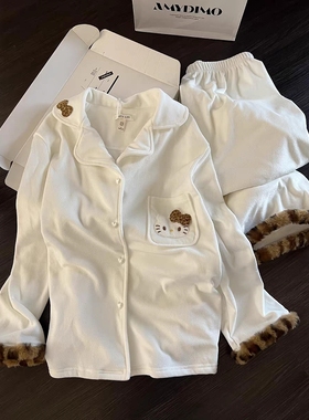 Sin Glee 豹纹毛绒边kitty猫白色德绒睡衣女冬款大码保暖休闲套装