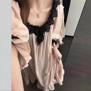 法式甜美风睡衣连衣裙女长袖春秋夏季棉绸蕾丝花边家居服裙子大码