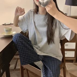韩版休闲纯棉睡衣女春秋季简约短袖长裤宽松可外穿夏款家居服套装