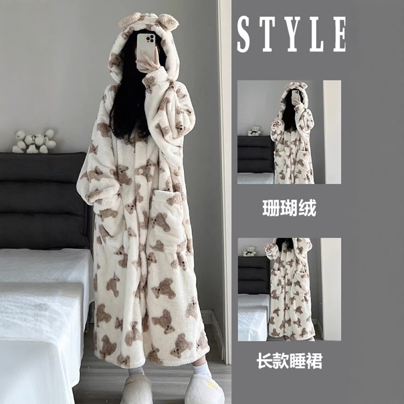 珊瑚绒长款睡袍少女小熊睡衣女冬