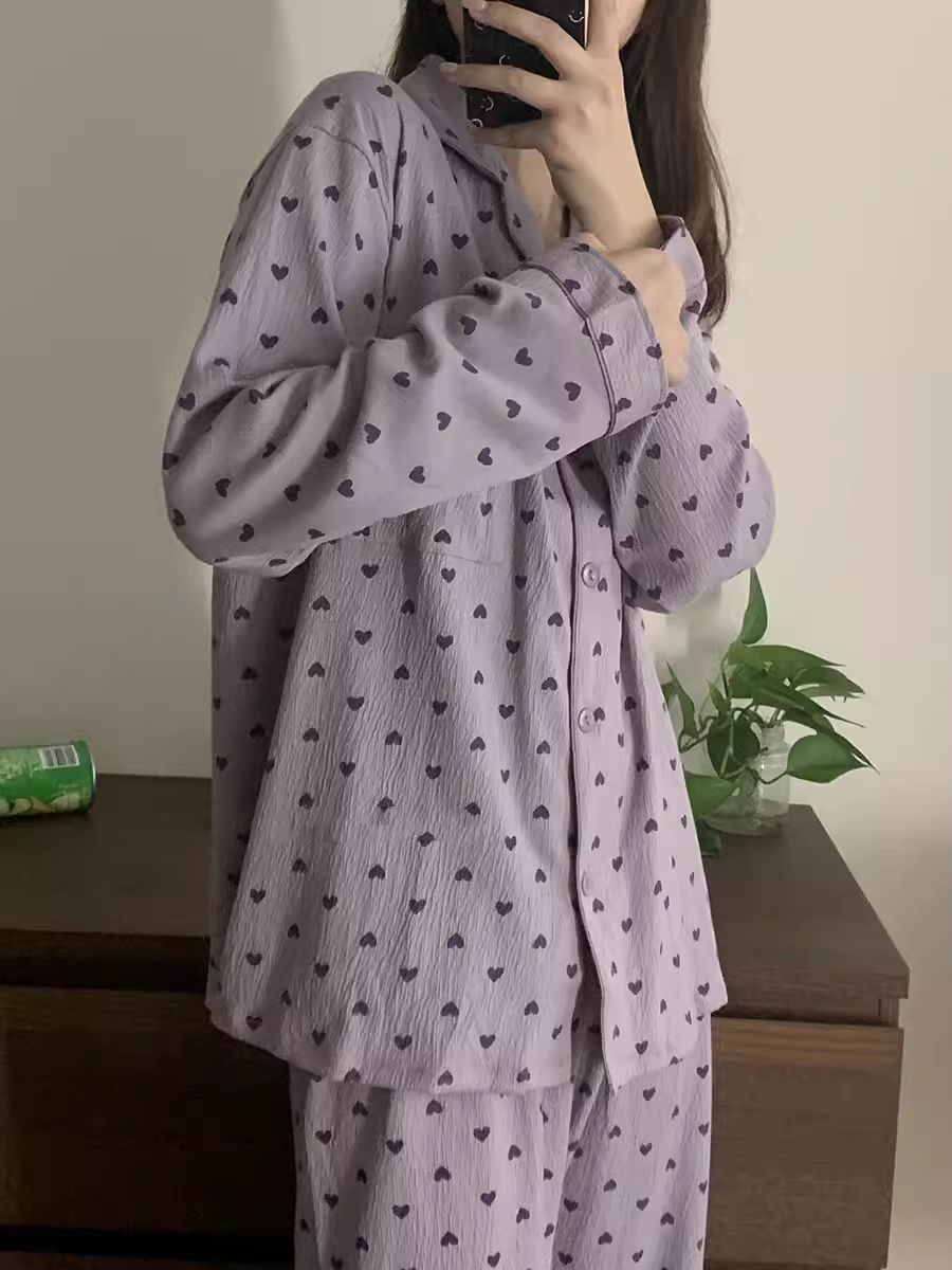 韩国ins紫色婴儿棉纱睡衣女春秋季泡泡纱纯棉长袖长裤家居服套装