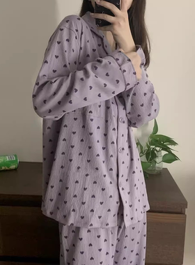 韩国ins紫色婴儿棉纱睡衣女春秋季泡泡纱纯棉长袖长裤家居服套装
