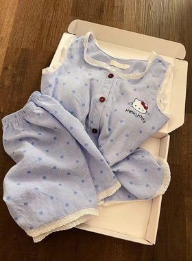 Sin Glee 波点kitty猫蕾丝花边带胸垫睡衣女夏季休闲可爱居家套装