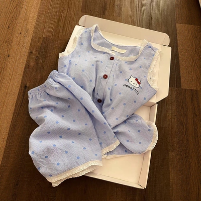 波点kitty猫蕾丝带胸垫睡衣女夏