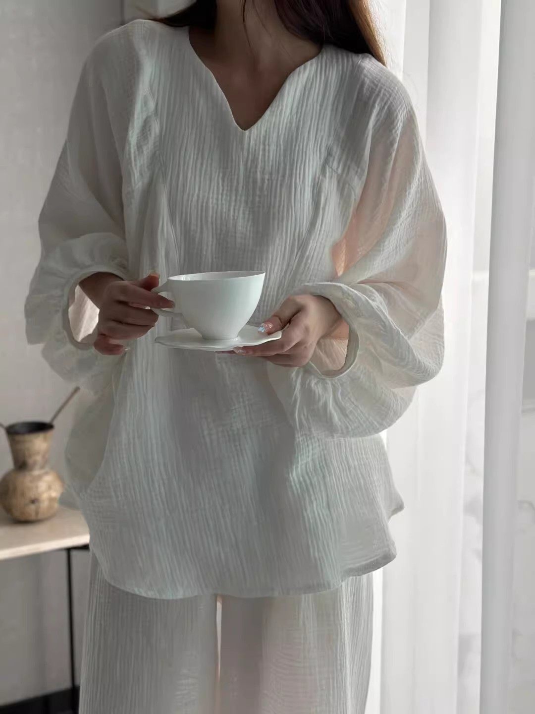 KOREAN LAZY STYLE SKIN-FRIENDLY LONG-SLEEVED COTTON PAJAMAS WOMENS SPRING AND AUTUMN COTTON GAUZE TROUSERS SOLID COLOR LOUNGEWEAR PLUS-SIZE SET