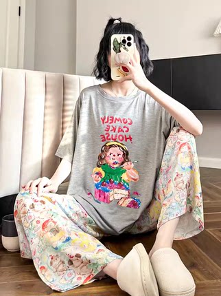 薄款~油画卡通莫代尔睡衣女夏季短袖长裤冰丝凉快可爱日系家居服