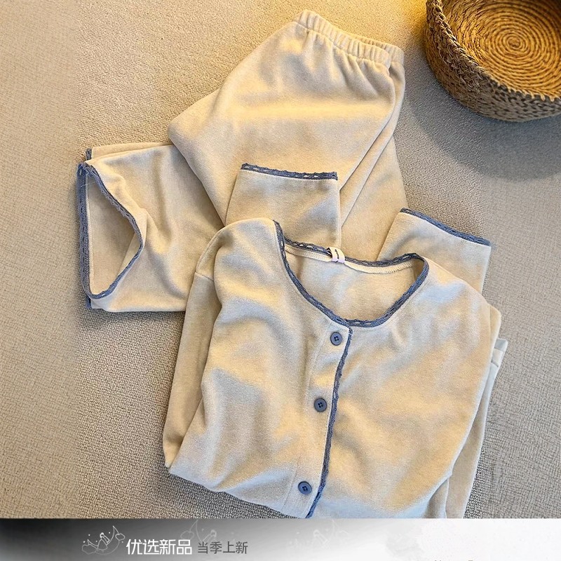 韩版简约蕾丝撞色德绒睡衣女秋冬季新款软糯亲肤保暖家居服两件套