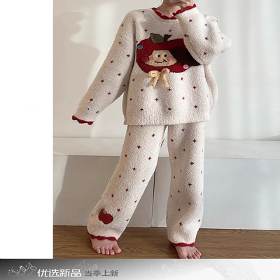 甜美可爱苹果针织半边绒睡衣女冬