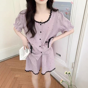 2025新款 短袖 紫色波点花边睡衣女夏季 甜美简约韩版 短裤 家居服套装