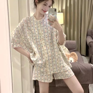 学生薄 睡衣女夏韩版 甜美可爱小熊条纹纯棉纱布短袖 短裤 家居服套装