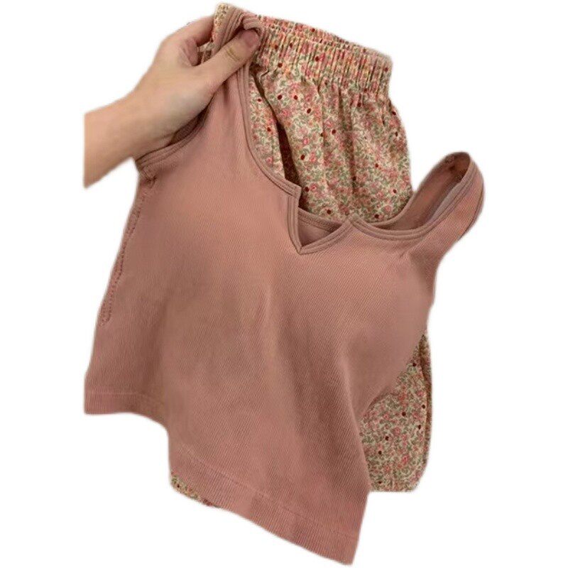 MODAL SWEET PAJAMAS CHEST PADS SUSPENDERS WOMENS SUMMER COTTON VEST FLORAL SHORTS CAN BE WORN OUTSIDE LOUNGEWEAR SET