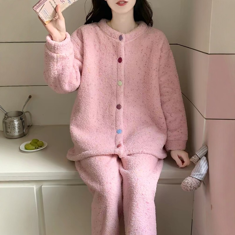 半边绒睡衣女款秋冬季加厚保暖珊瑚绒新款彩色纽扣韩系家居服套装,女士内衣/男士内衣/家居服,睡衣/家居服套装,淘宝优惠券,粉丝福利购,淘宝优惠卷