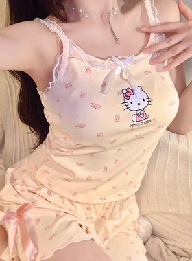 HelloKitty睡衣女2025新款夏季天纯棉吊带性感带胸垫家居服两件套