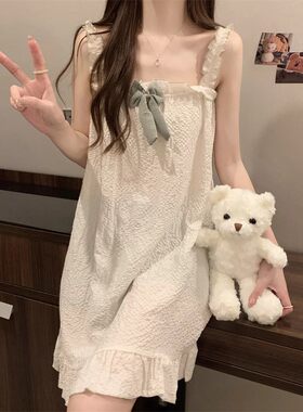 夏季甜美蝴蝶结外穿吊带睡裙子女