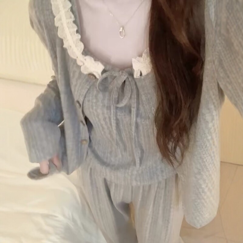 纯棉睡衣秋冬季女款带胸垫2026新款家居服可外穿花边高级感三件套
