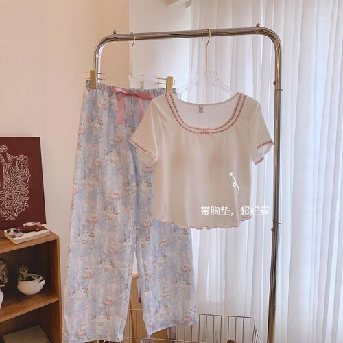 温柔风甜美带胸垫短袖睡衣女夏季