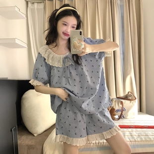 甜美花边碎花带胸垫睡衣女款 夏季 短袖 宽松可外穿高级感家居服套装