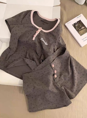 甜辣妹腊肠小狗印花睡衣女春秋季新款bm风纯欲短袖短裤家居服套装