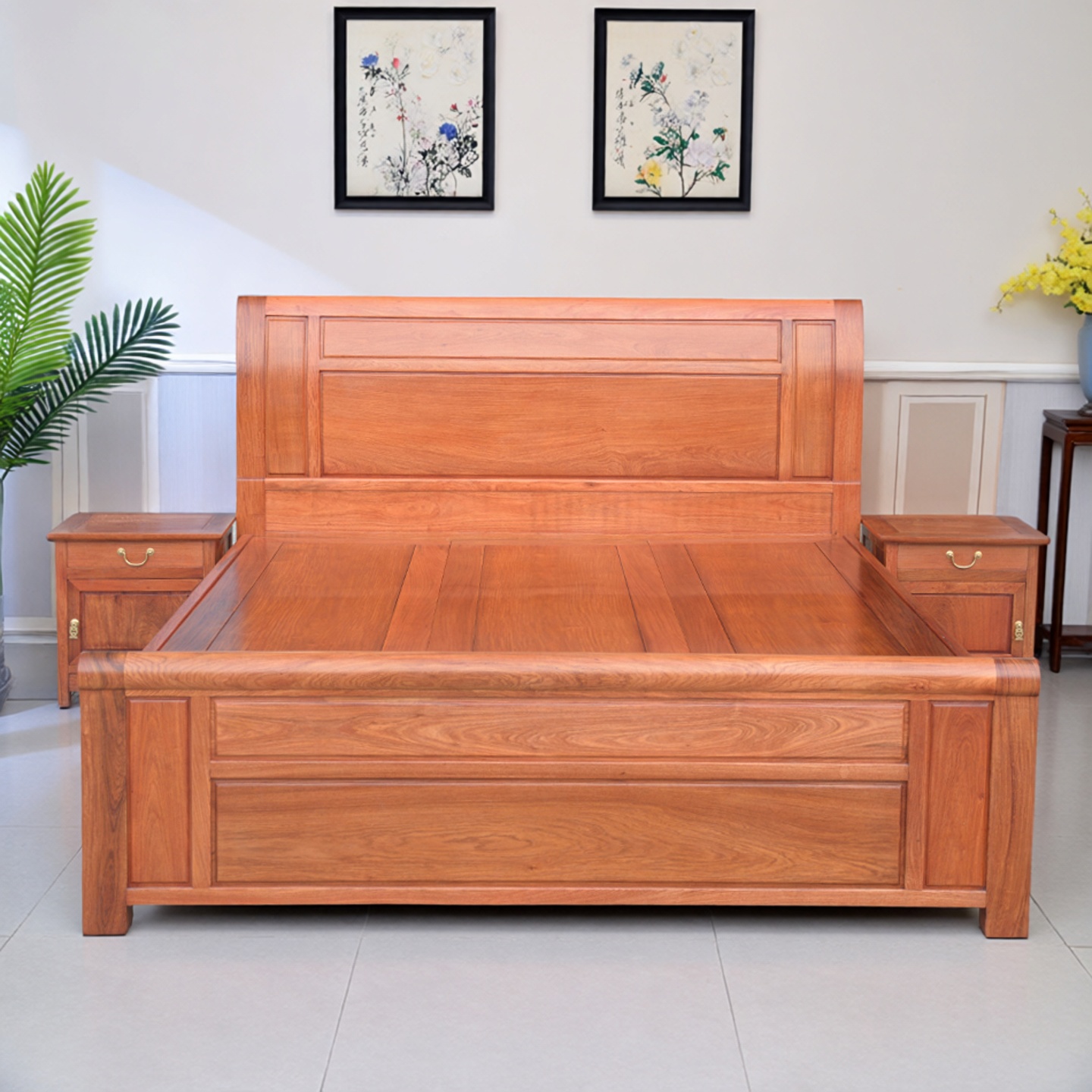 红木家具缅甸花梨木素面床婚床双人床实木床大床 大果紫檀独板