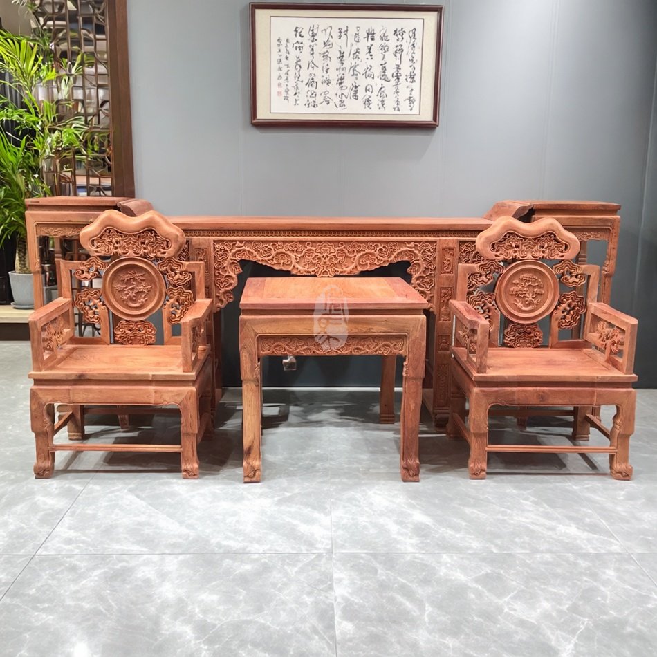 红木家具缅甸花梨木灵芝中堂六件套条案太师椅组合正宗大果紫檀