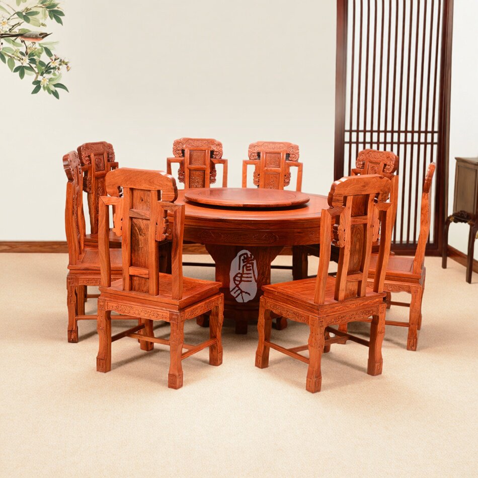 精品红木家具缅甸花梨大果紫檀象头圆餐桌台饭桌客厅组合大果紫檀