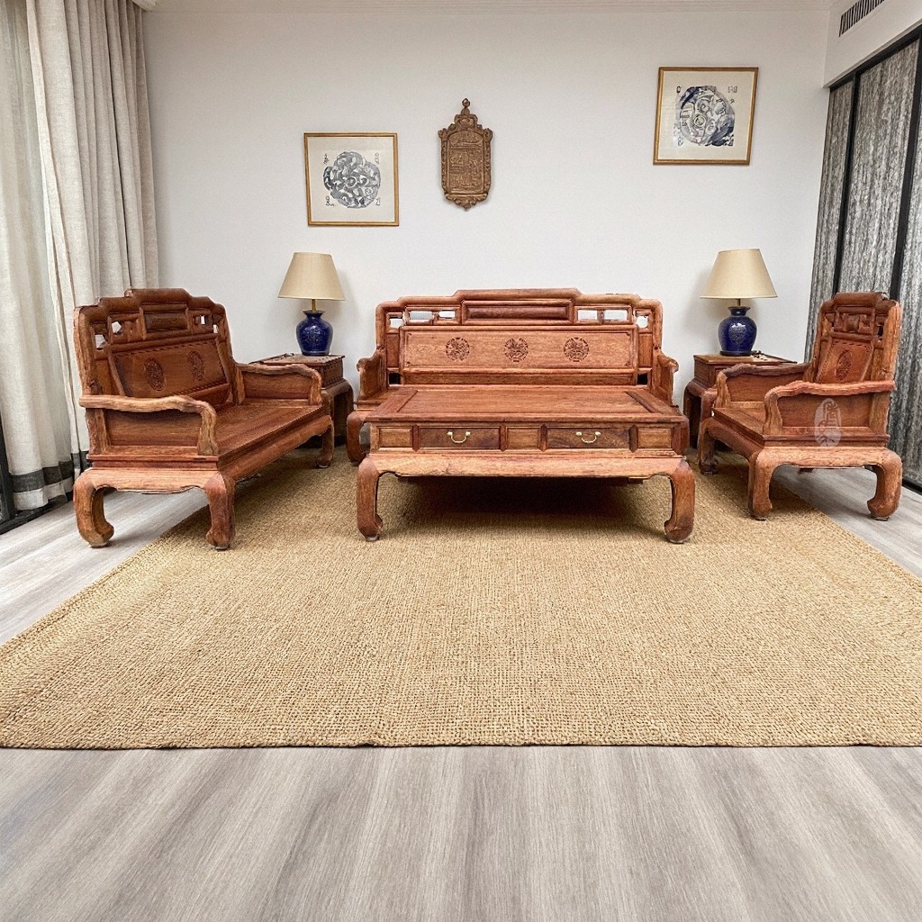 精品红木家具缅甸花梨木国色天香小扶手沙发六件套正宗大果紫檀