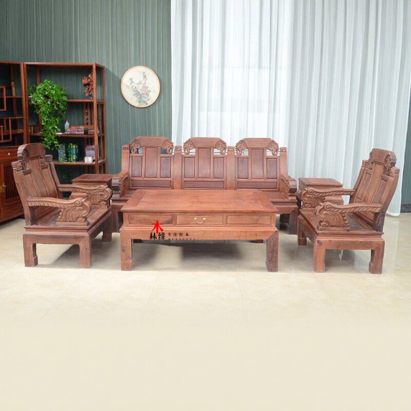 红木家具缅甸花梨木素面圆象头沙发六件套沙发大果紫檀独板加厚