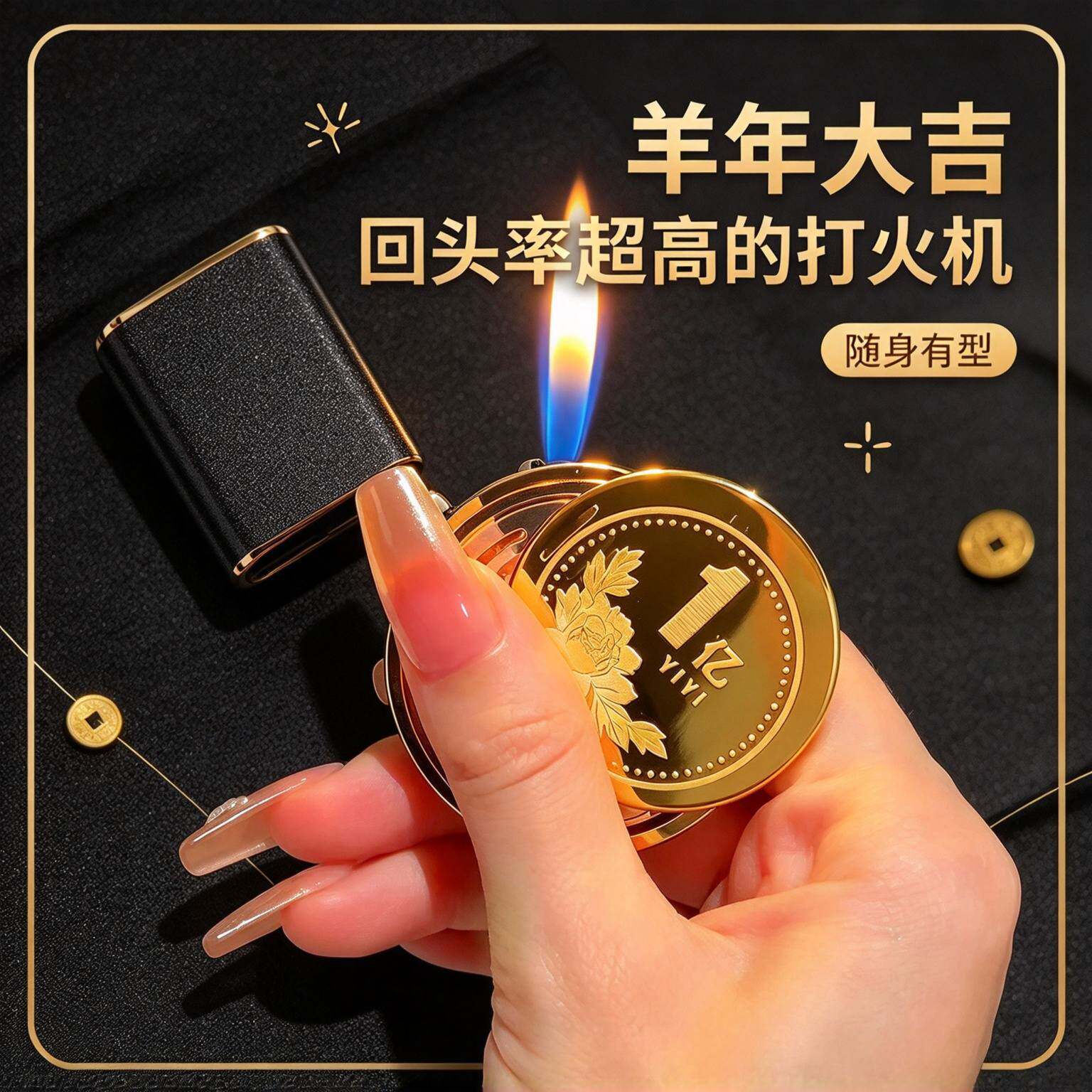 男士创意礼物双面旋转充气打火机网红金币高颜值解压火机送老公
