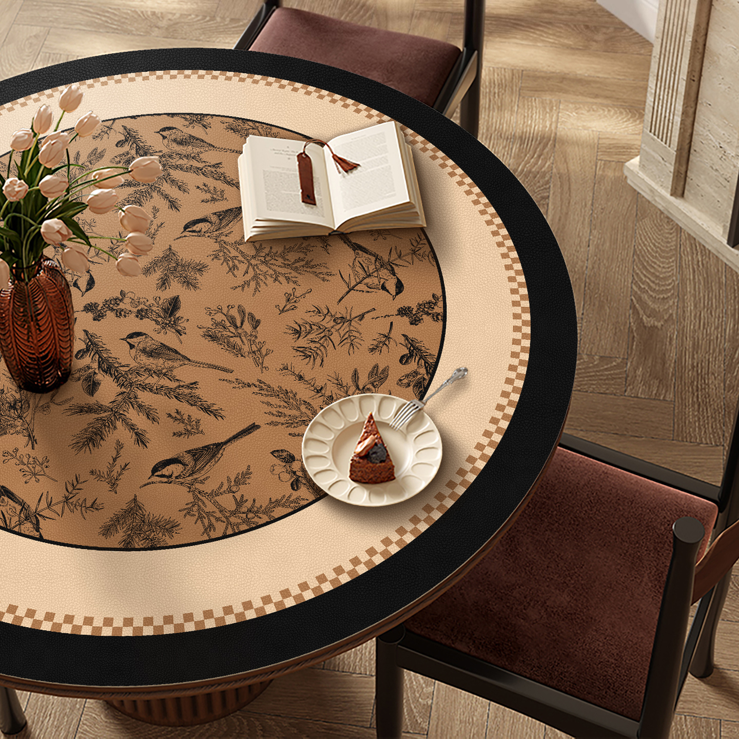 中古风圆形餐桌桌垫高级感圆桌茶几桌布桌面防水防油防烫pvc垫子