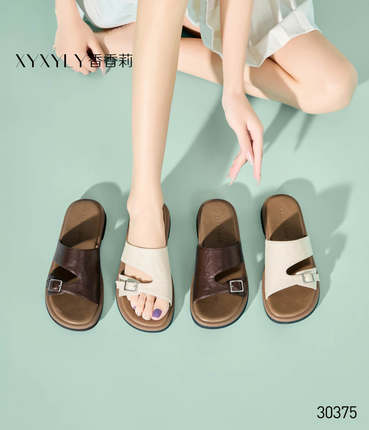香香莉拖鞋女2025夏季新款平跟百搭粗跟细带露趾舒适女凉鞋30375