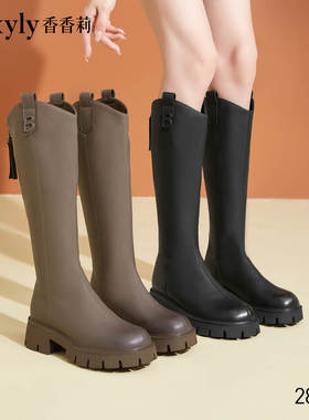 香香莉厚底高筒靴2024冬季新款圆头后拉链软底时装骑士靴28260