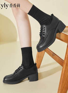 香香莉小皮鞋女2024秋季新款系带圆头粗跟鞋百搭漆皮女鞋子27262