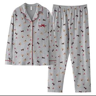 108#秋冬加厚100%纯棉带胸垫灰色波点小狗女士长袖睡衣套装家居服