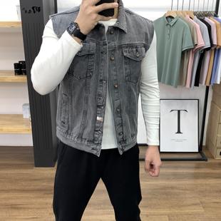 牛仔外套男款春季潮牌修身痞帅港风夹克坎肩潮流百搭工装背心马甲