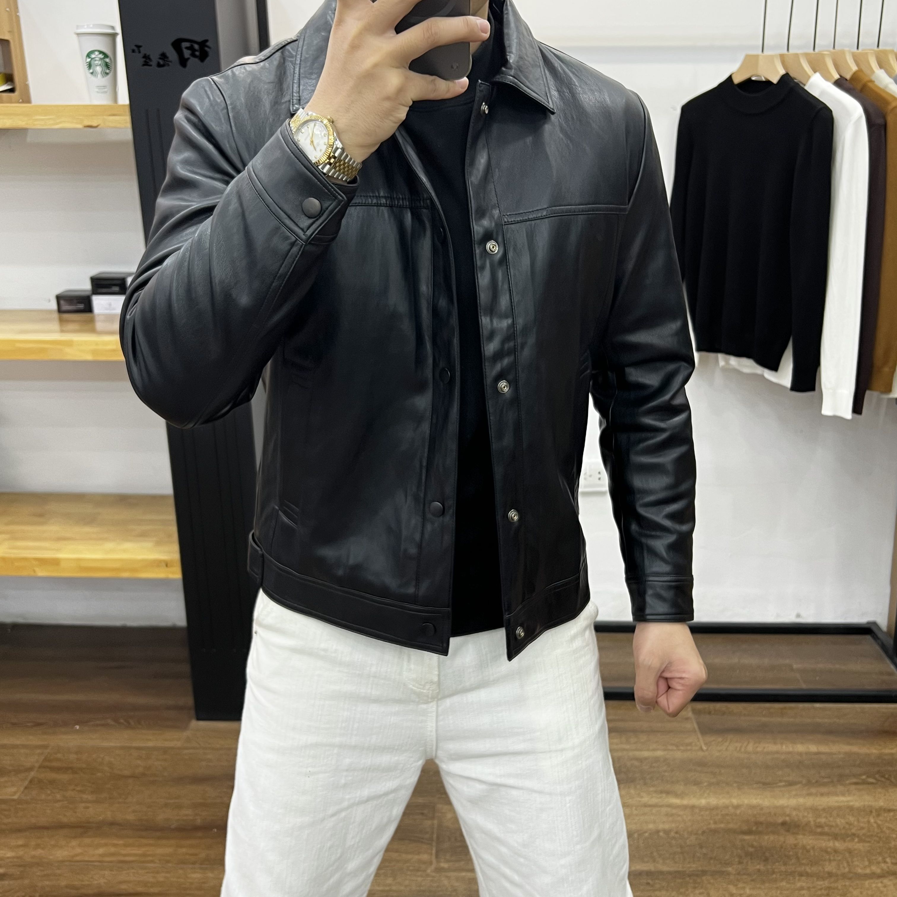 男士潮流修身翻领皮夹克新款百搭潮牌休闲加绒加厚秋冬季外套上衣