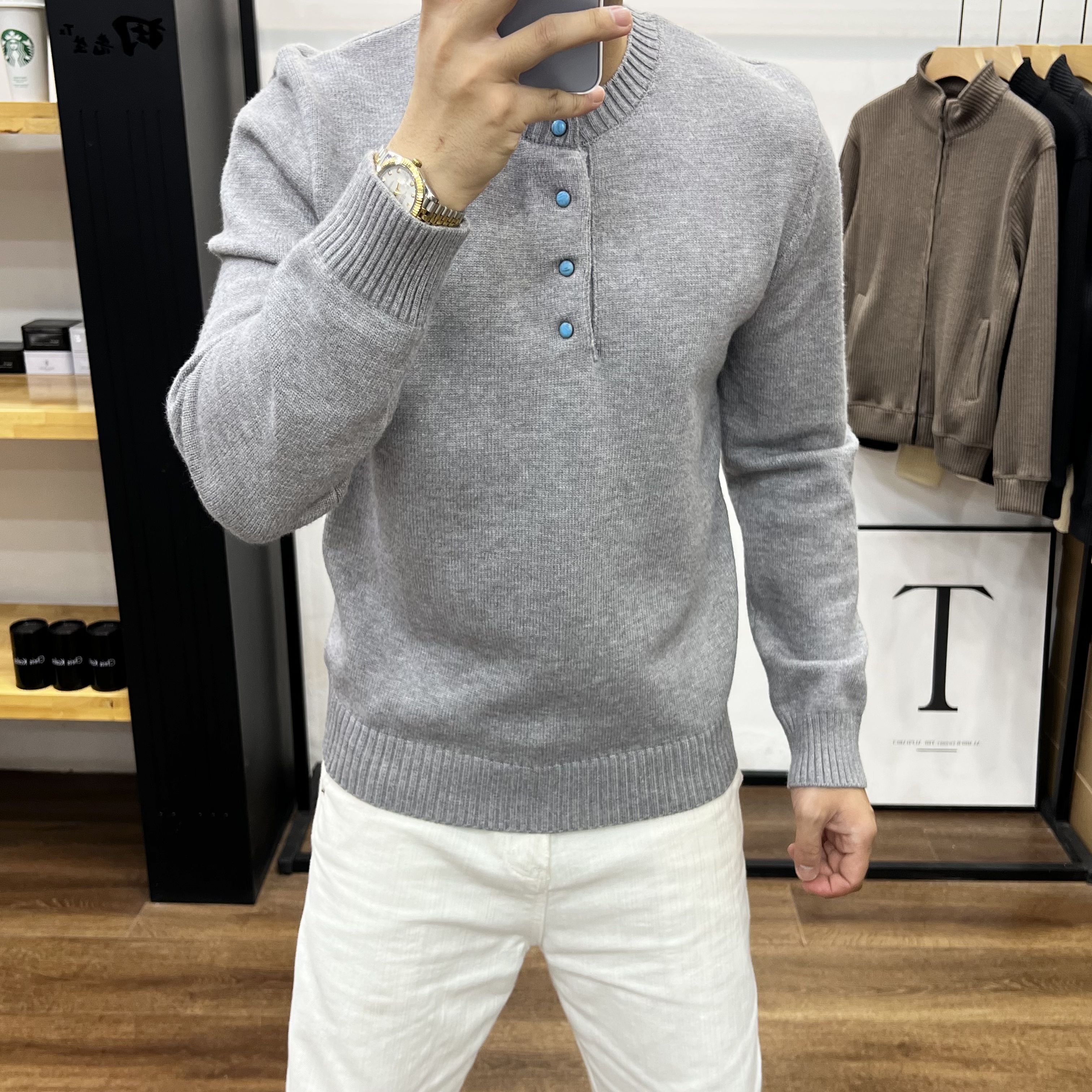 美式复古灰色毛衣套头外套男款秋季百搭时尚修身针织衫情侣上衣潮