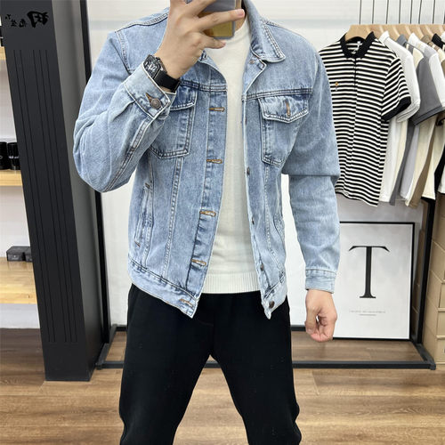 田先生翻领春夏修身浅色牛仔外套