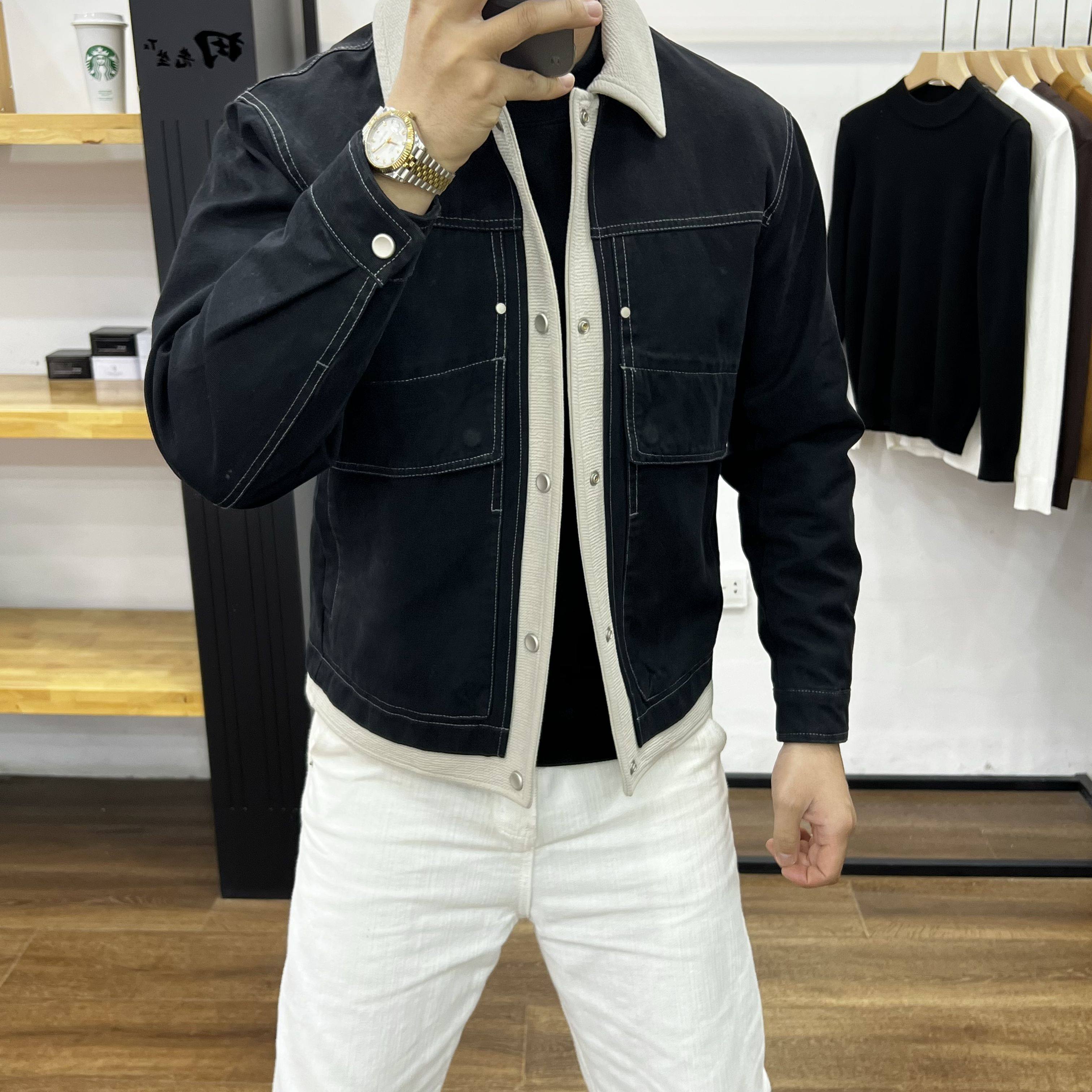 新款外套夹克拼色假两件复古日系潮流翻领撞色小众时尚口袋帅上衣,男装,夹克,淘宝优惠券,粉丝福利购,淘宝优惠卷