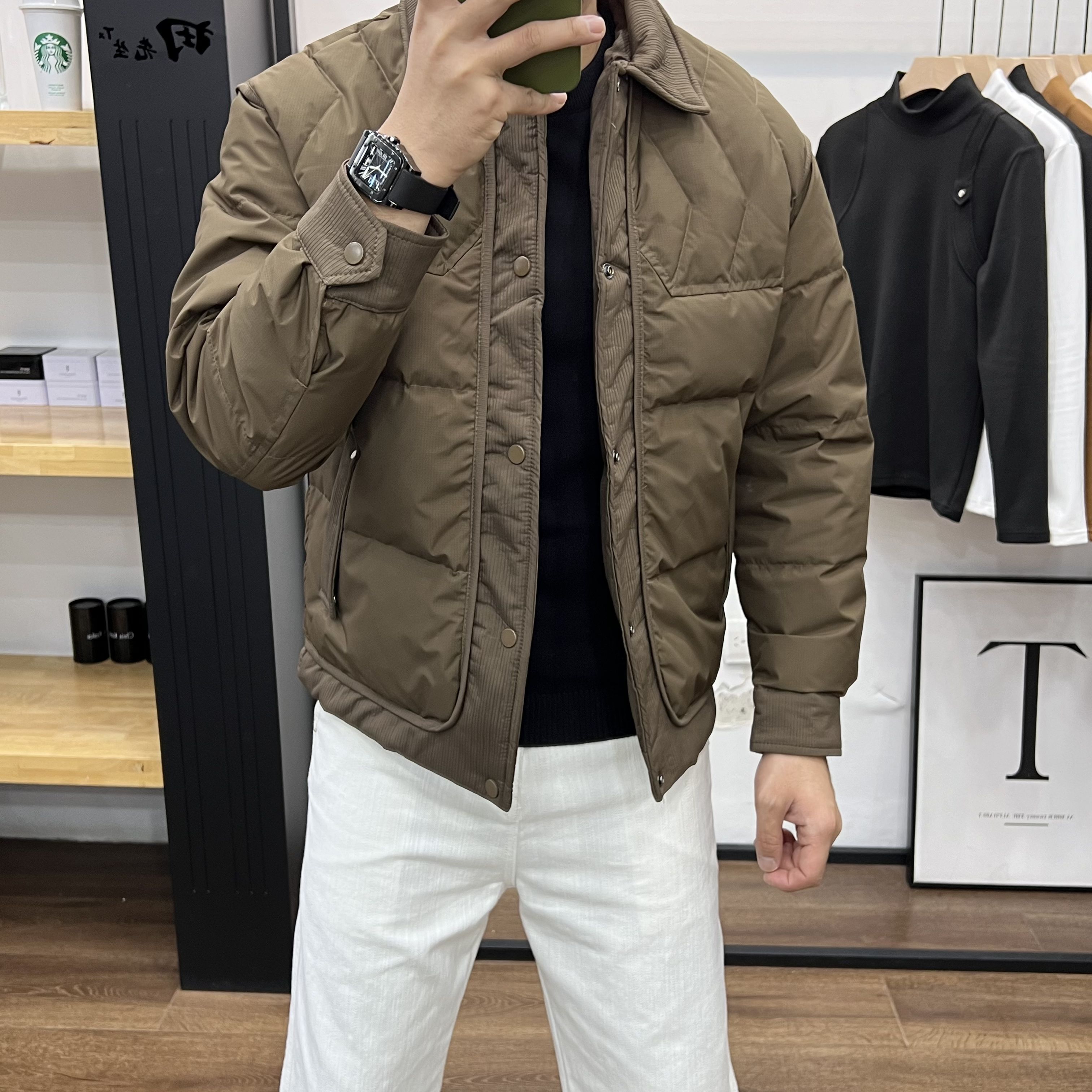 田先生修身翻领灰鸭绒短款羽绒服